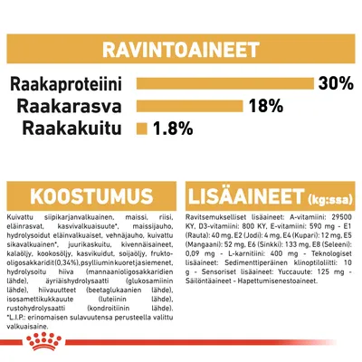 Ravintoaineet: raakaproteiini 30 %, raakarasva 18 %, raakakuitu 1,8 %. Koostumus ja lisäaineet lueteltu yksityiskohtaisesti. Näkyvissä Royal Canin -logo.