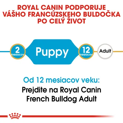 ROYAL CANIN PODPORUJE VÁŠHO FRANCÚZSKEHO BULDOČKA PO CELÝ ŽIVOT. Od 12 mesiacov veku: Prejdite na Royal Canin French Bulldog Adult. Puppy 2–12 mesiacov, Adult od 12 mesiacov.