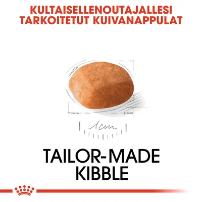 Kultaisellenoutajallesi tarkoitetut kuivanappulat, nappulan koko noin 1 cm. Teksti: TAILOR-MADE KIBBLE.