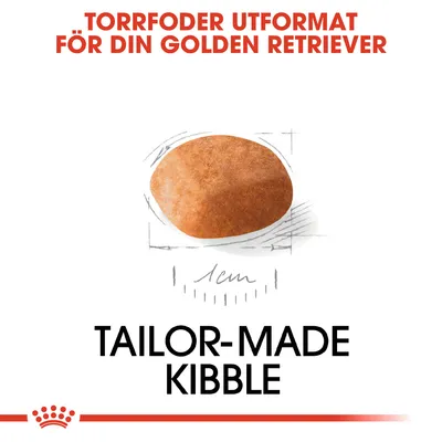 Torrfoder utformat för din Golden Retriever. Bild på ett foderkorn, diameter 1 cm. Text: TAILOR-MADE KIBBLE.