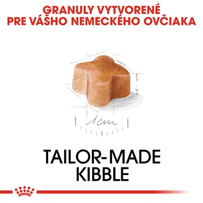 Granuly vytvorené pre vášho nemeckého ovčiaka, veľkosť 1 cm. Text: TAILOR-MADE KIBBLE.