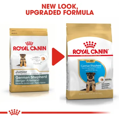 Royal Canin German Shepherd -koiranpennunruoan pakkausuudistus: vasemmalla vanha Junior-pakkaus, oikealla uusi Puppy-pakkaus. Teksti ylhäällä: New look, upgraded formula.