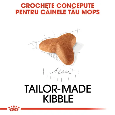 Crochete concepute pentru câinele tău mops, dimensiune aproximativ 1 cm, text în engleză: Tailor-made kibble.