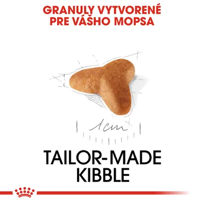 Granuly vytvorené pre vášho mopsa, veľkosť 1 cm. Tailor-made kibble.