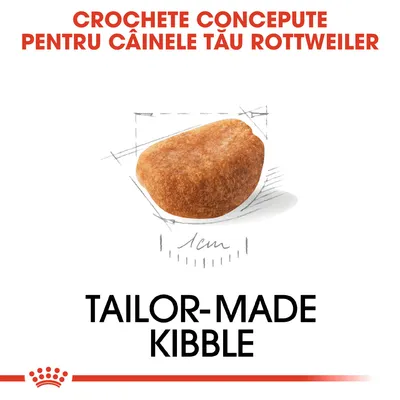 CROCHETE CONCEPUTE PENTRU CÂINELE TĂU ROTTWEILER, imagine cu o croșetă de aproximativ 1 cm și textul TAILOR-MADE KIBBLE. Text în engleză și română vizibil în imagine.
