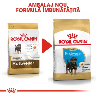 Pachete hrană uscată pentru câini Royal Canin Rottweiler Junior și Puppy, cu text: Ambalaj nou, formulă îmbunătățită. Vizibile denumirile produselor și imaginea unui cățel pe ambalaje.