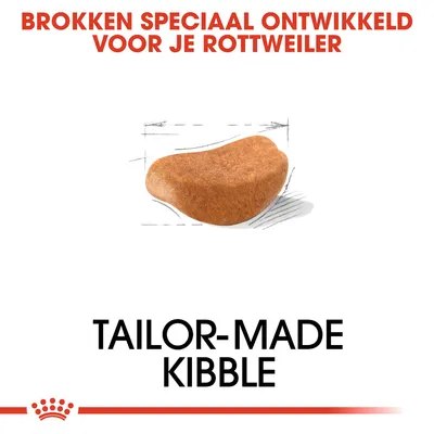 Brokken speciaal ontwikkeld voor je Rottweiler. Tekst: TAILOR-MADE KIBBLE. Afbeelding van een enkele brok met schetslijnen eromheen.