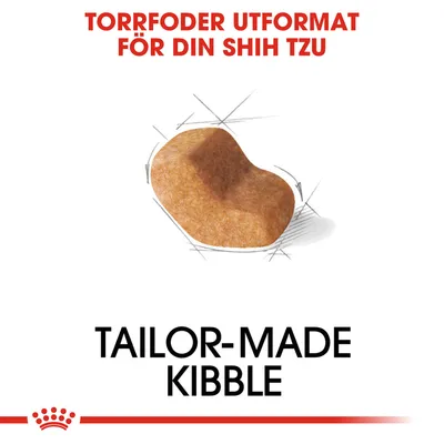 Text: Torrfoder utformat för din Shih Tzu. Bild på ett torrfoderkorn. Text: Tailor-made kibble.
