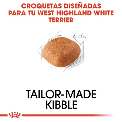 Croquetas diseñadas para tu West Highland White Terrier. TAILOR-MADE KIBBLE. Imagen de una croqueta individual sobre fondo blanco.