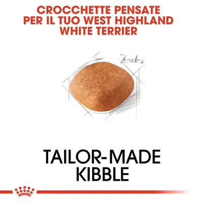 CROCCHETTE PENSATE PER IL TUO WEST HIGHLAND WHITE TERRIER. TAILOR-MADE KIBBLE. Immagine di una crocchetta con schizzi tecnici sullo sfondo.