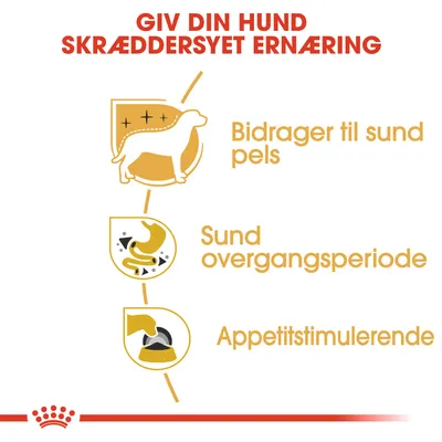 GIV DIN HUND SKRÆDDERSYET ERNÆRING. Bidrager til sund pels. Sund overgangsperiode. Appetitstimulerende.