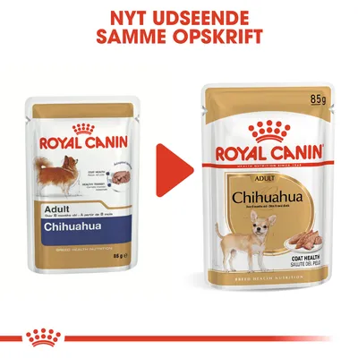 Royal Canin Adult Chihuahua 85 g, billede viser ændring af emballage med teksten 'NYT UDSEENDE SAMME OPSKRIFT' øverst. Begge poser har hundebillede og produktnavn synligt.