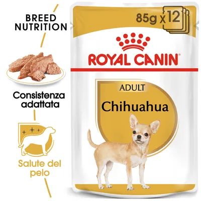 ROYAL CANIN ADULT Chihuahua 85g x12, consistenza adattata, salute del pelo, immagine di cibo umido e cane Chihuahua. Testo in inglese: Breed Nutrition.