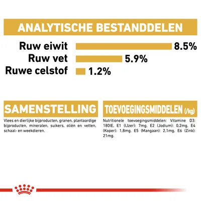 Analytische bestanddelen: ruw eiwit 8,5%, ruw vet 5,9%, ruwe celstof 1,2%. Samenstelling: vlees, granen, plantaardige bijproducten, mineralen. Toevoegingsmiddelen: vitaminen en mineralen.