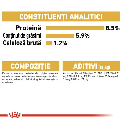 Constituenți analitici: proteină 8,5 %, grăsimi 5,9 %, celuloză brută 1,2 %. Compoziție: carne, cereale, uleiuri, zaharuri, moluște, crustacee. Aditivi: vitamina D3, fier, iod, cupru, mangan, zinc.