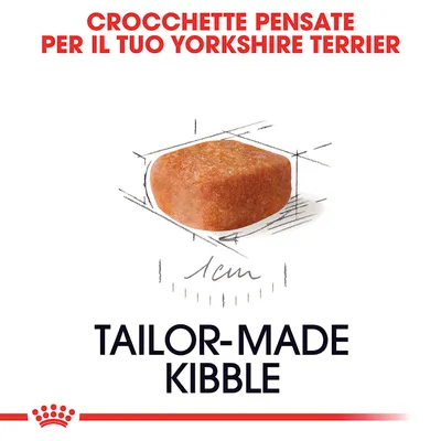 Crocchette pensate per il tuo Yorkshire Terrier, dimensione 1 cm, testo: TAILOR-MADE KIBBLE.