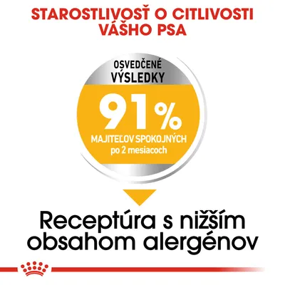 Starostlivosť o citlivosť vášho psa. Osvedčené výsledky: 91 % majiteľov spokojných po 2 mesiacoch. Receptúra s nižším obsahom alergénov.