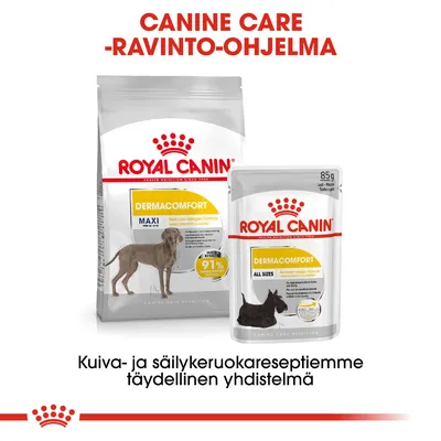 Royal Canin Dermacomfort MAXI ja ALL SIZES -koiranruokapakkaus, teksti: CANINE CARE -RAVINTO-OHJELMA, kuiva- ja säilykeruokareseptiemme täydellinen yhdistelmä