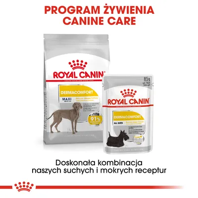 ROYAL CANIN Dermacomfort Maxi karma sucha i Dermacomfort All Sizes karma mokra 85 g. Program żywienia Canine Care. Doskonała kombinacja naszych suchych i mokrych receptur.