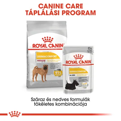 Royal Canin Dermacomfort Medium száraz és Dermacomfort All Sizes nedves kutyaeledel csomagolás, felirat: Száraz és nedves formulák tökéletes kombinációja