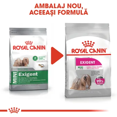Ambalaj nou, aceeași formulă. Două pungi Royal Canin Mini Exigent pentru câini de talie mică, vechiul și noul design, text vizibil: 99% preferat, Satisfies fussy appetite.