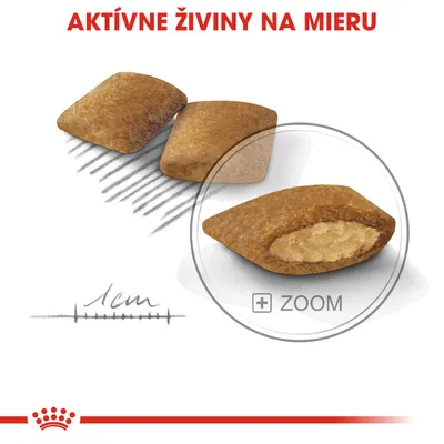 Granule s nápisom AKTÍVNE ŽIVINY NA MIERU, detail vnútra granuly, mierka 1 cm, značka Royal Canin.