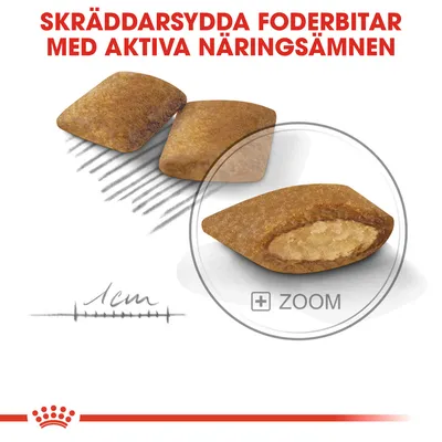 Skräddarsydda foderbitar med aktiva näringsämnen, detaljbild av foderbitens insida och storleksangivelse 1 cm. Text: 'SKRÄDDARSYDDA FODERBITAR MED AKTIVA NÄRINGSÄMNEN'.