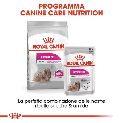 Royal Canin Exigent Mini crocchette e Exigent All Sizes umido per cani, confezioni visibili con testo: 'La perfetta combinazione delle nostre ricette secche & umide'.