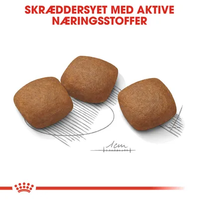 Tre foderpiller med tekst: SKRÆDDERSYET MED AKTIVE NÆRINGSSTOFFER. Størrelsesangivelse viser 1 cm for sammenligning.