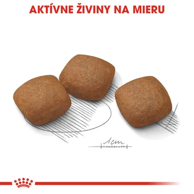Tri granule s nápisom „AKTÍVNE ŽIVINY NA MIERU“ a mierkou 1 cm na porovnanie veľkosti.