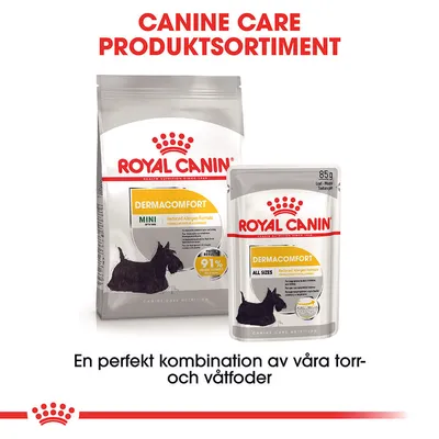 Royal Canin Dermacomfort Mini torrfoderpåse och Dermacomfort All Sizes våtfoder 85 g. Text: CANINE CARE PRODUKTSORTIMENT, En perfekt kombination av våra torr- och våtfoder.
