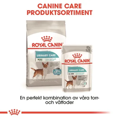 Royal Canin Urinary Care torrfoder Mini och våtfoder All Sizes. Text: Canine Care produktsortiment. En perfekt kombination av våra torr- och våtfoder.