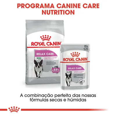 Royal Canin Relax Care Mini e All Sizes, fórmulas secas e húmidas para cães. Texto visível: 'A combinação perfeita das nossas fórmulas secas e húmidas'.