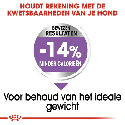 Houdt rekening met de kwetsbaarheden van je hond. Bewezen resultaten: -14% minder calorieën. Voor behoud van het ideale gewicht.