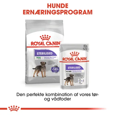 Royal Canin STERILISED MINI tørfoder og STERILISED ALL SIZES vådfoder til hunde. Tekst: HUNDE ERNÆRINGSPROGRAM. Den perfekte kombination af vores tør- og vådfoder.
