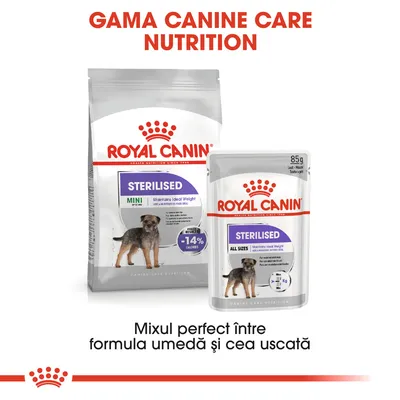 Royal Canin Sterilised Mini hrană uscată și Royal Canin Sterilised All Sizes hrană umedă pentru câini, pachet 85 g. Text: Mixul perfect între formula umedă și cea uscată.