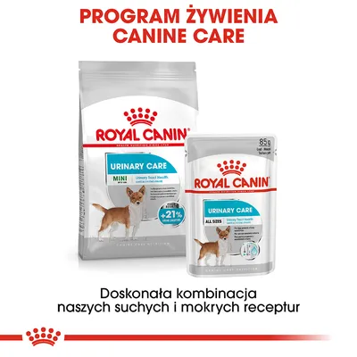 Royal Canin Urinary Care Mini karma sucha i mokra dla psów, opakowania z psem, tekst: Program żywienia Canine Care, doskonała kombinacja naszych suchych i mokrych receptur