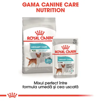 Royal Canin Urinary Care Mini hrană uscată și Urinary Care All Sizes hrană umedă pentru câini, text: Gama Canine Care Nutrition, mixul perfect între formula umedă și cea uscată.