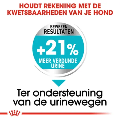 Houdt rekening met de kwetsbaarheden van je hond. Bewezen resultaten: +21% meer verdunde urine. Ter ondersteuning van de urinewegen.