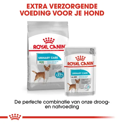 Royal Canin Urinary Care Mini droogvoer en natvoer voor honden, verpakking met hondafbeelding, tekst: extra verzorgende voeding voor je hond, perfecte combinatie van droog- en natvoeding.