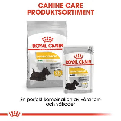 Royal Canin Dermacomfort Mini torrfoderpåse och Dermacomfort All Sizes våtfoderpåse, text: Canine Care produktsortiment. En perfekt kombination av våra torr- och våtfoder. Royal Canin Dermacomfort Mini torrfoderpåse och Dermacomfort All Sizes våtfoderpåse, text: Canine Care produktsortiment. En perfekt kombination av våra torr- och våtfoder.