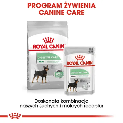 ROYAL CANIN Digestive Care MINI karma sucha i mokra, opakowania z psem, tekst: Program żywienia Canine Care, doskonała kombinacja naszych suchych i mokrych receptur