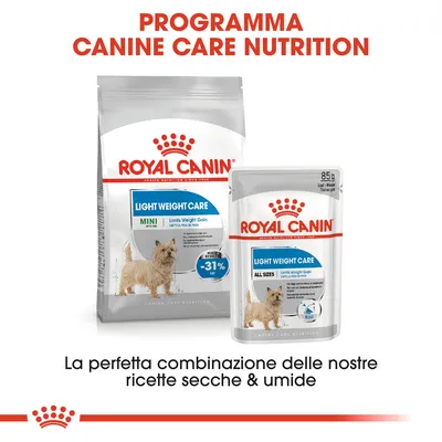 ROYAL CANIN Light Weight Care MINI e ALL SIZES, confezione secca e umida per cani, testo: la perfetta combinazione delle nostre ricette secche & umide