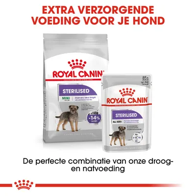 Royal Canin Sterilised hondenvoer: verpakking droogvoer Mini en natvoer All Sizes, -14% calorieën. Extra verzorgende voeding voor je hond. 85 g natvoer. Perfecte combinatie droog- en natvoeding.