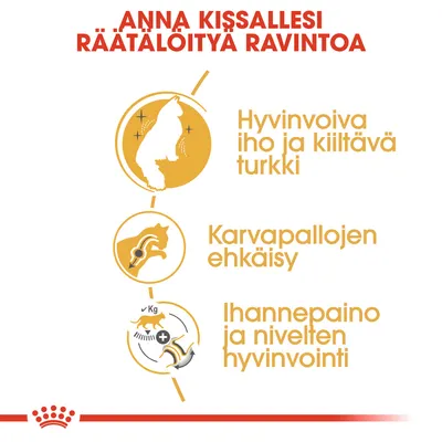 Anna kissallesi räätälöityä ravintoa: hyvinvoiva iho ja kiiltävä turkki, karvapallojen ehkäisy, ihannepaino ja nivelten hyvinvointi.
