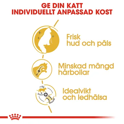 Ge din katt individuellt anpassad kost. Frisk hud och päls, minskad mängd hårbollar, idealvikt och ledhälsa.
