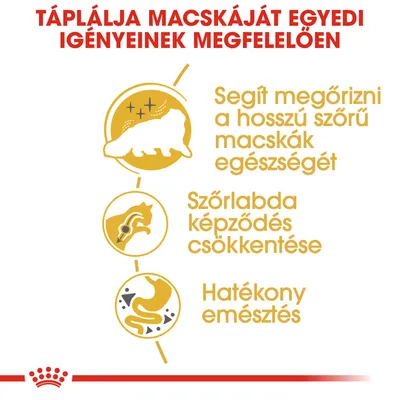 Táplálja macskáját egyedi igényeinek megfelelően. Segít megőrizni a hosszú szőrű macskák egészségét, szőrlabda képződés csökkentése, hatékony emésztés.