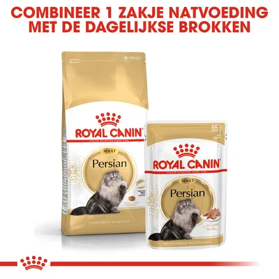 Royal Canin Persian Adult droog- en natvoer, tekst: Combineer 1 zakje natvoeding met de dagelijkse brokken. Verpakking toont kat en productnaam.