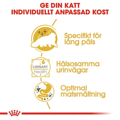 Ge din katt individuellt anpassad kost. Specifikt för lång päls. Hälsosamma urinvägar. Optimal matsmältning. URINARY Health.