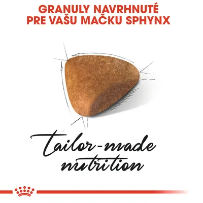 Granuly navrhnuté pre vašu mačku Sphynx. Text v angličtine: tailor-made nutrition. Zobrazená jedna trojuholníková granula.